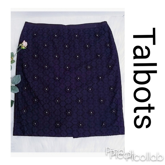Talbots Navy Eyelet Skirt w/Gold Bead Flowers - Picture 2 of 6